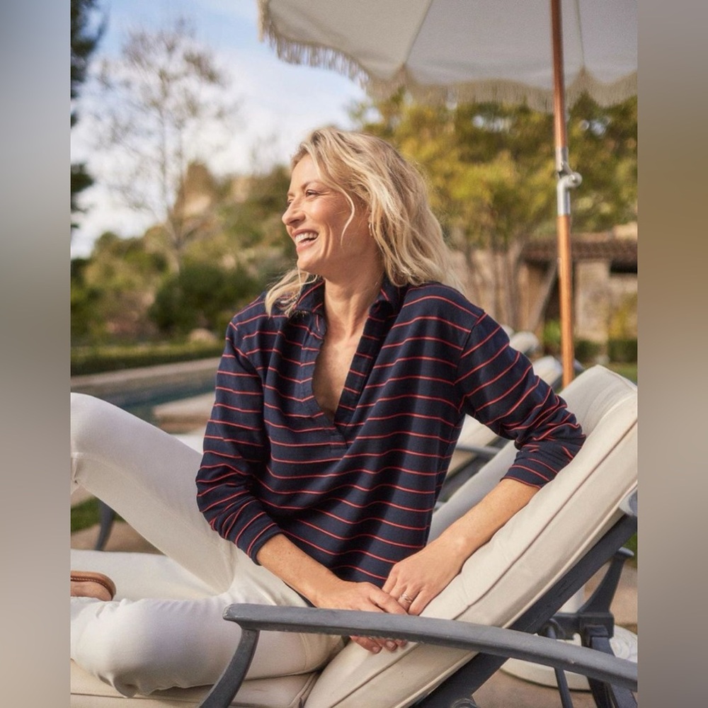 FRANK & EILEEN STRIPED PATRICK PULLOVER HENLEY IN ROYAL NAVY/ PRIMROSE STRIPE